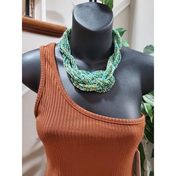 Aura NWT Brown Rust Rayon One Shoulder Off Sleeveless Ribbed Dress Size Small - Picture 9 of 12